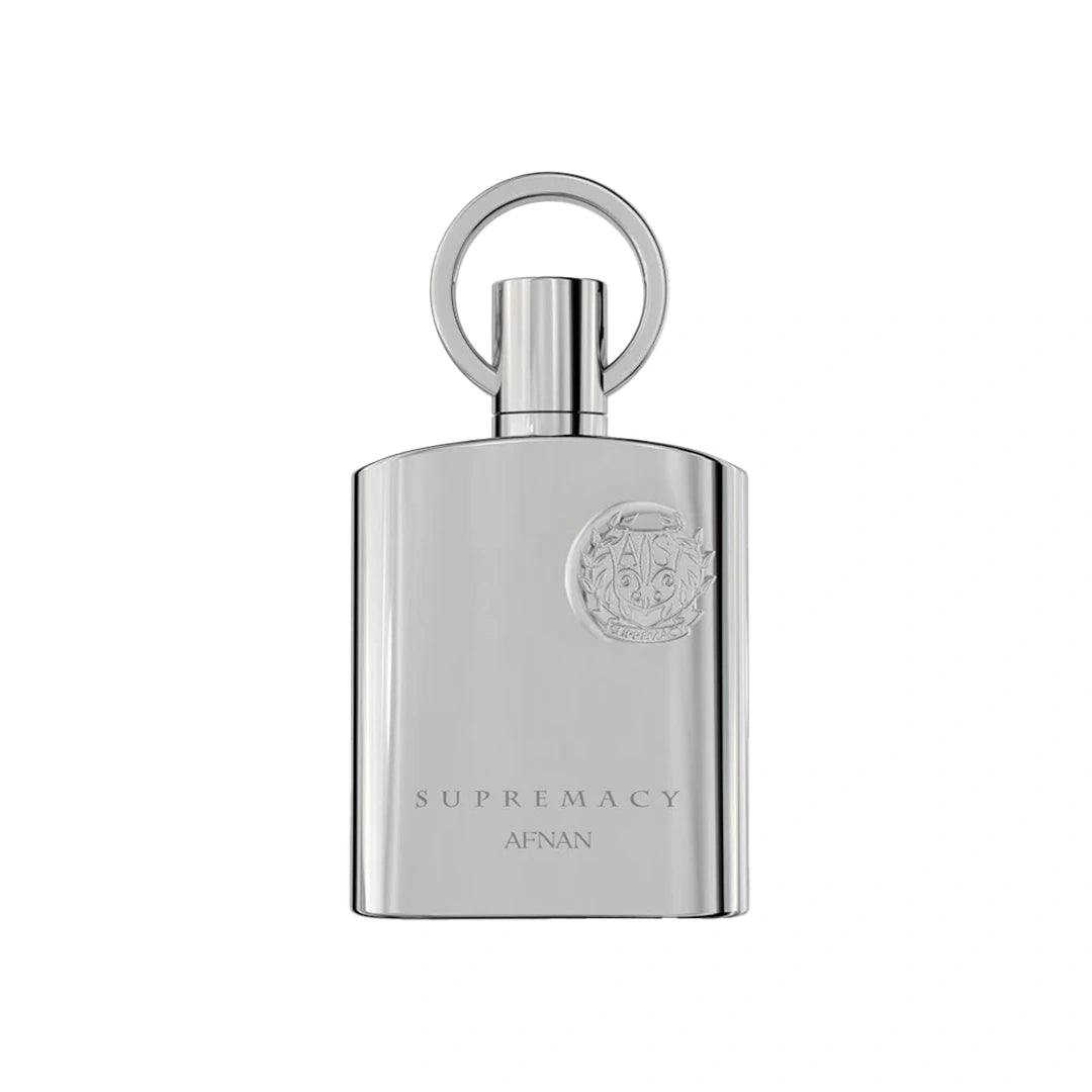 Silver perfume bottle labeled 'Supremacy Afnan' on a white background